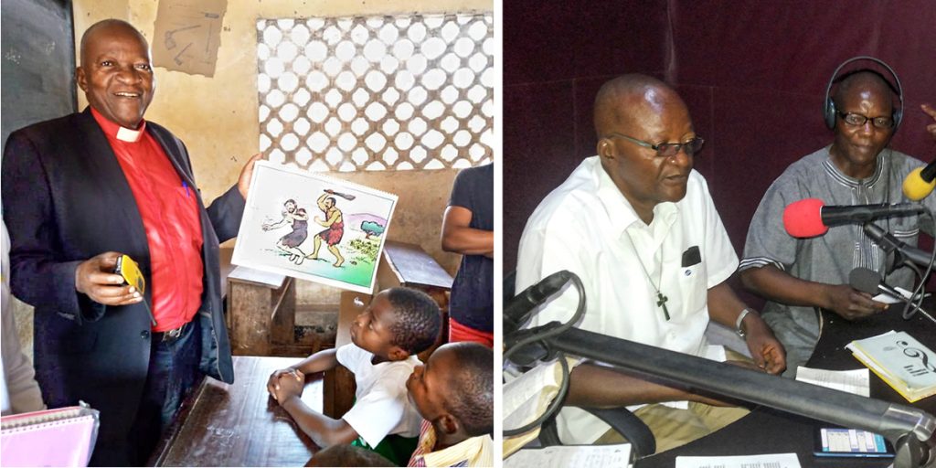 Pastor Mboyamba (left) teaching a children's Sunday School class and (right) preaching via a radio broadcast during the Pandemic.