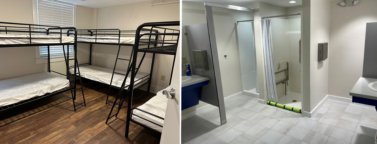 Bunkroom and adjoining bath with showers